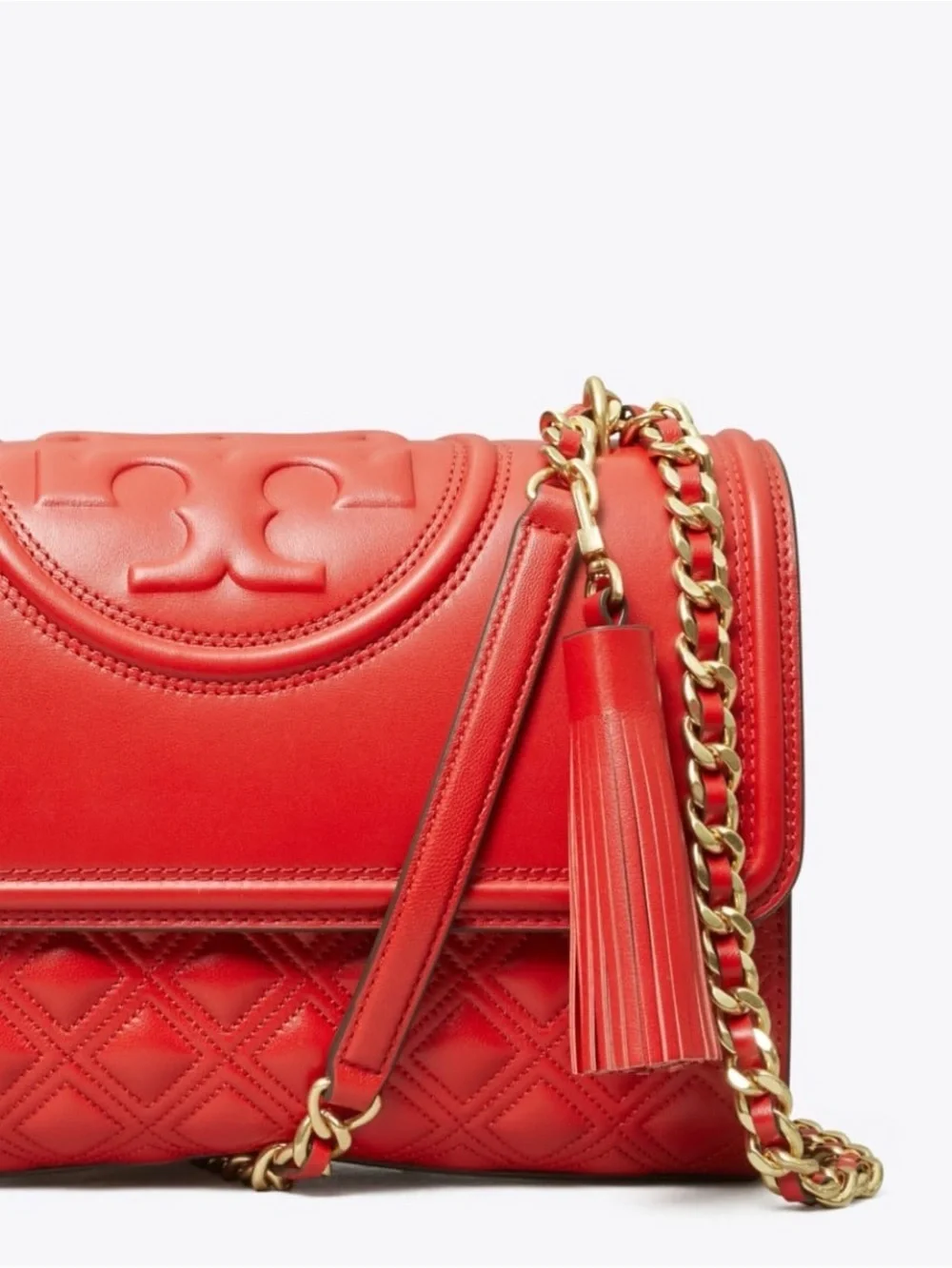 Tory Burch Coral-Red Quilted Leather Crossbody with Gold Chain and Tassel